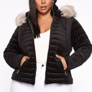 Fashion Nova Always Ready Velvet Puffer Faux Fur Trim Hooded Jacket Black 1X